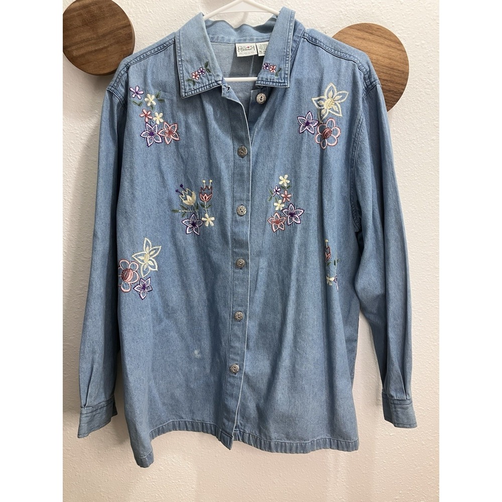 Haband! Denim Shirt Shacket Womens XL Cottage Boho Coastal Floral Embroidered